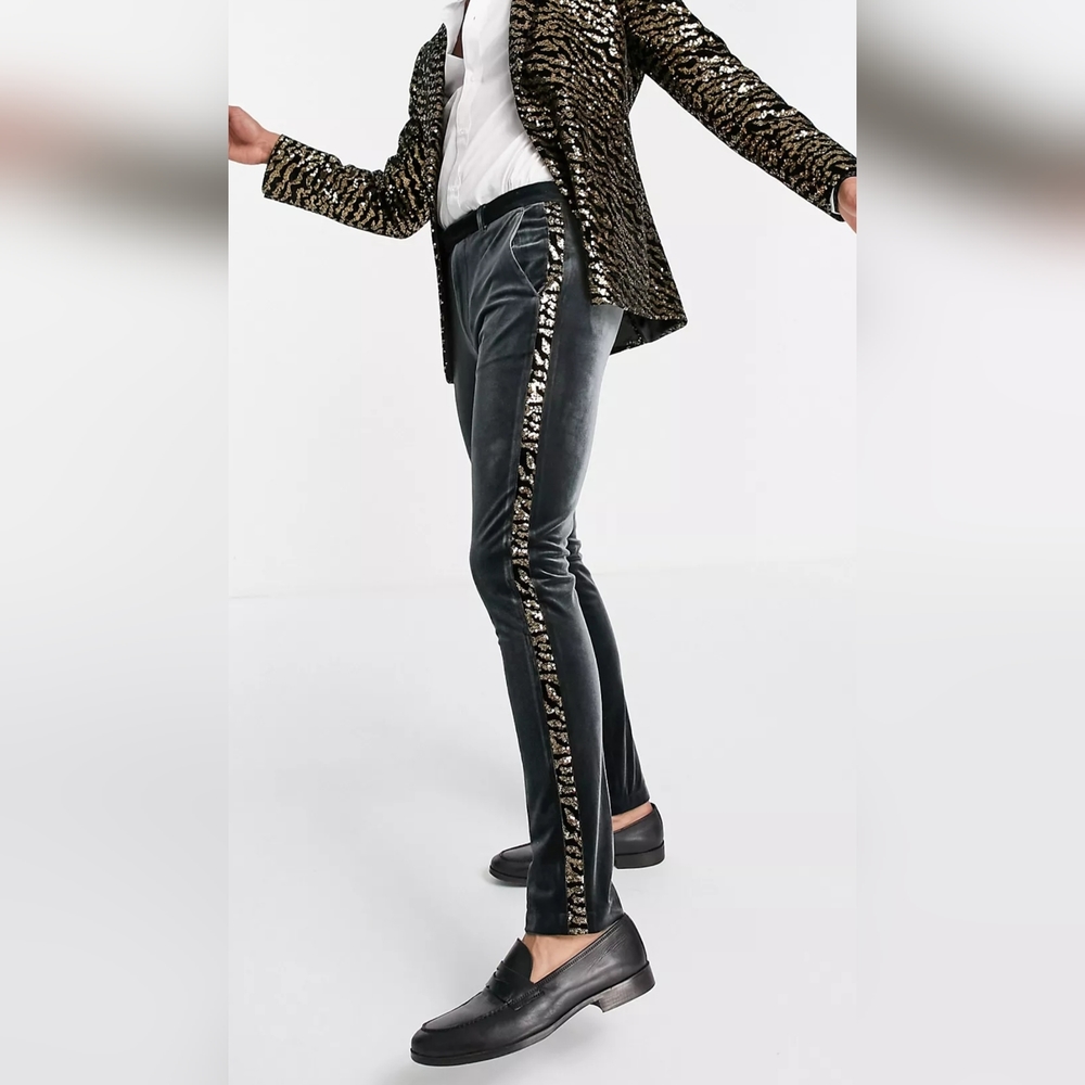 ASOS design Super Skinny Statin Animal Sequin Stripe Pants in Black